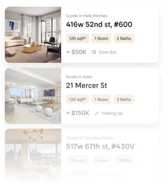Property summaries with images, details, addresses, and trade-in values on Homage AI.