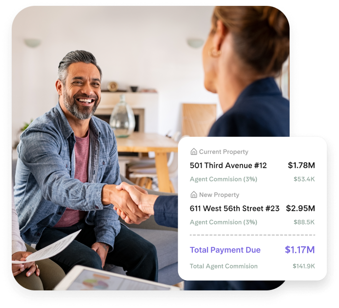 Broker and client shaking hands after Homage AI deal, with property details and trade-in value in view.