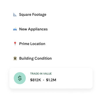 Homage AI trade-in metrics display: Sq footage, appliances, location, condition, property value.