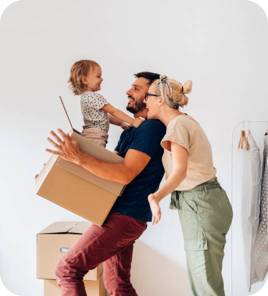 Young family with child moving boxes, illustrating Homage AI's property trade-in streamelined process.